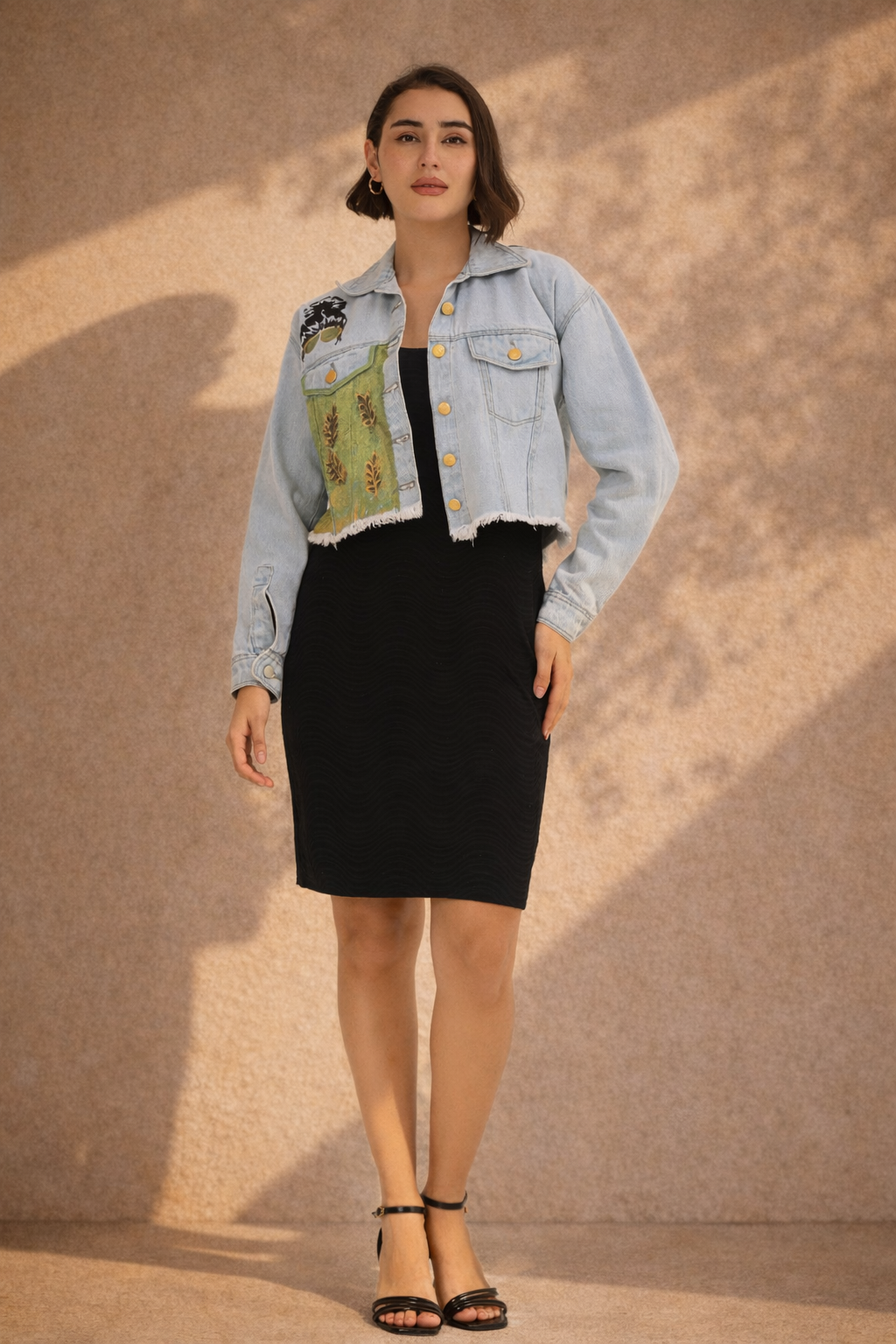 Green Harvest Hand-Painted Cropped Denim Jacket for Women – Nature Art Edition