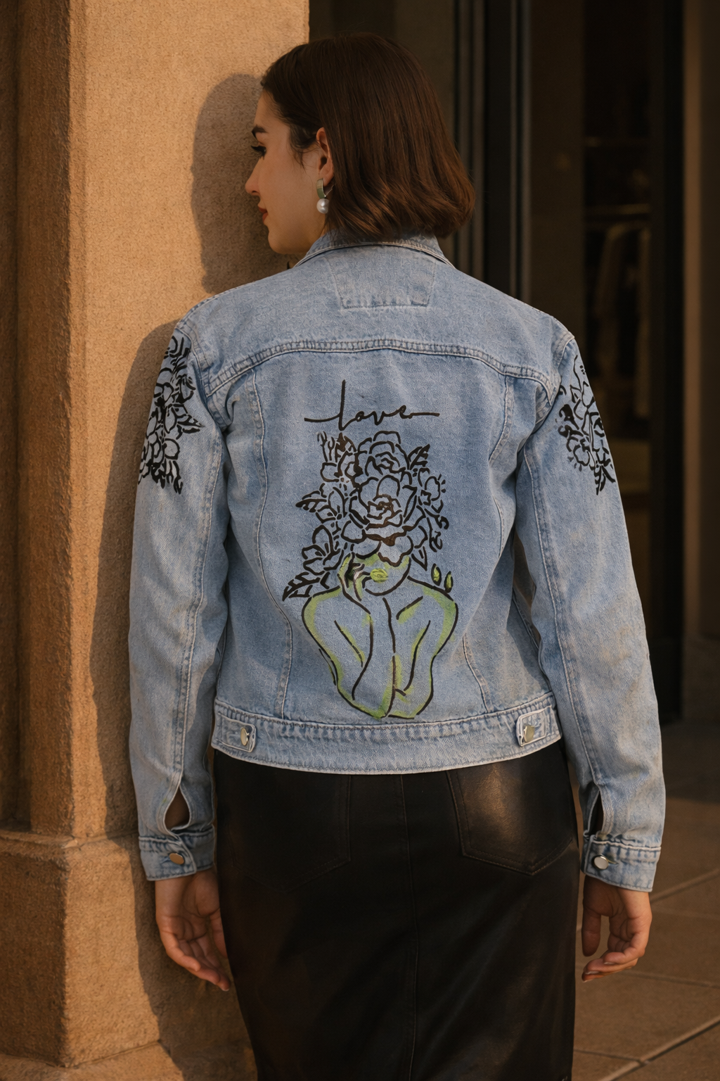 Love Muse Hand-Painted Denim Jacket for Women – Artistic Floral Outline Edition