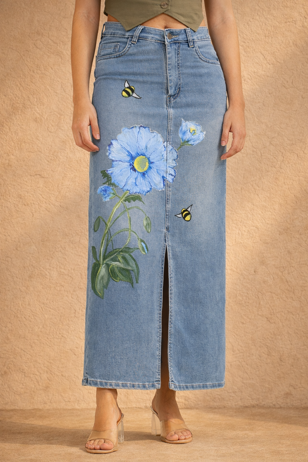 Blue Blossom Bee Hand-Painted Denim Maxi Skirt for Women