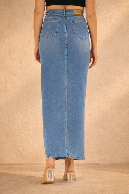 Believe In Bloom Hand-Painted Denim Maxi Skirt