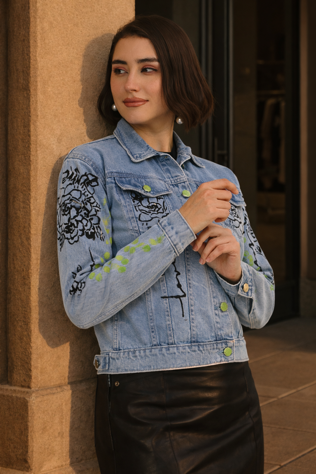 Love Muse Hand-Painted Denim Jacket for Women – Artistic Floral Outline Edition