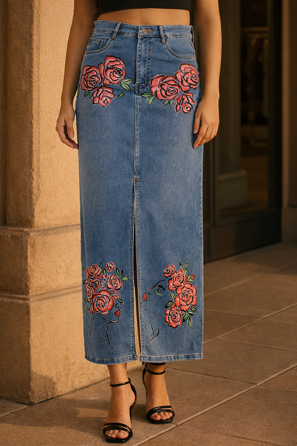 Hand-Painted Floral Denim Maxi Skirt for Women – Rose Bloom Art Edition