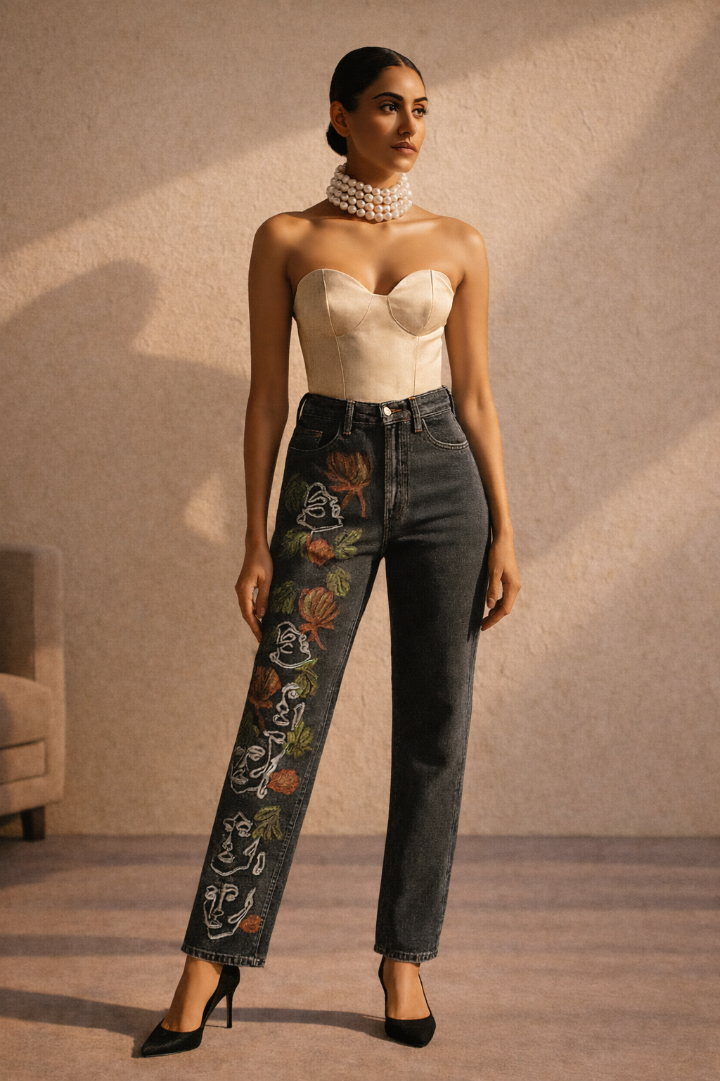 Floral Faces Art Hand Painted Jeans