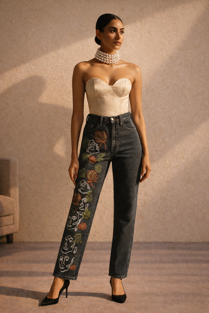 Floral Faces Art Hand Painted Jeans