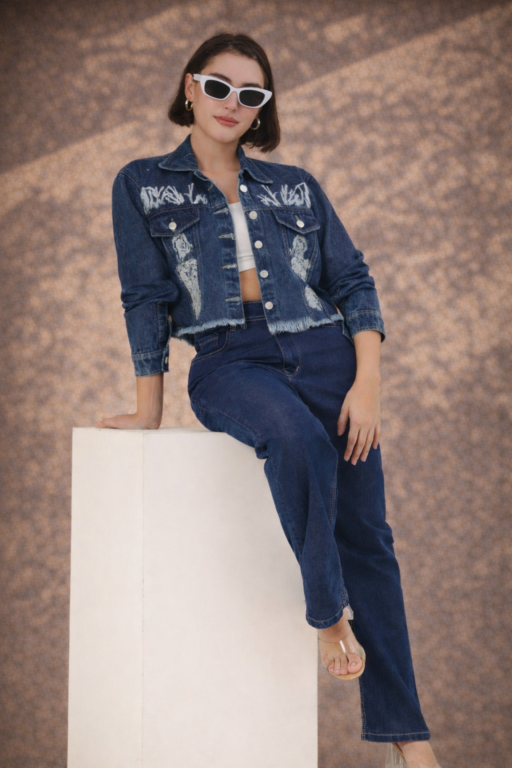 White Forest Hand-Painted Dark Denim Crop Jacket for Women – Premium Artistic Jacket