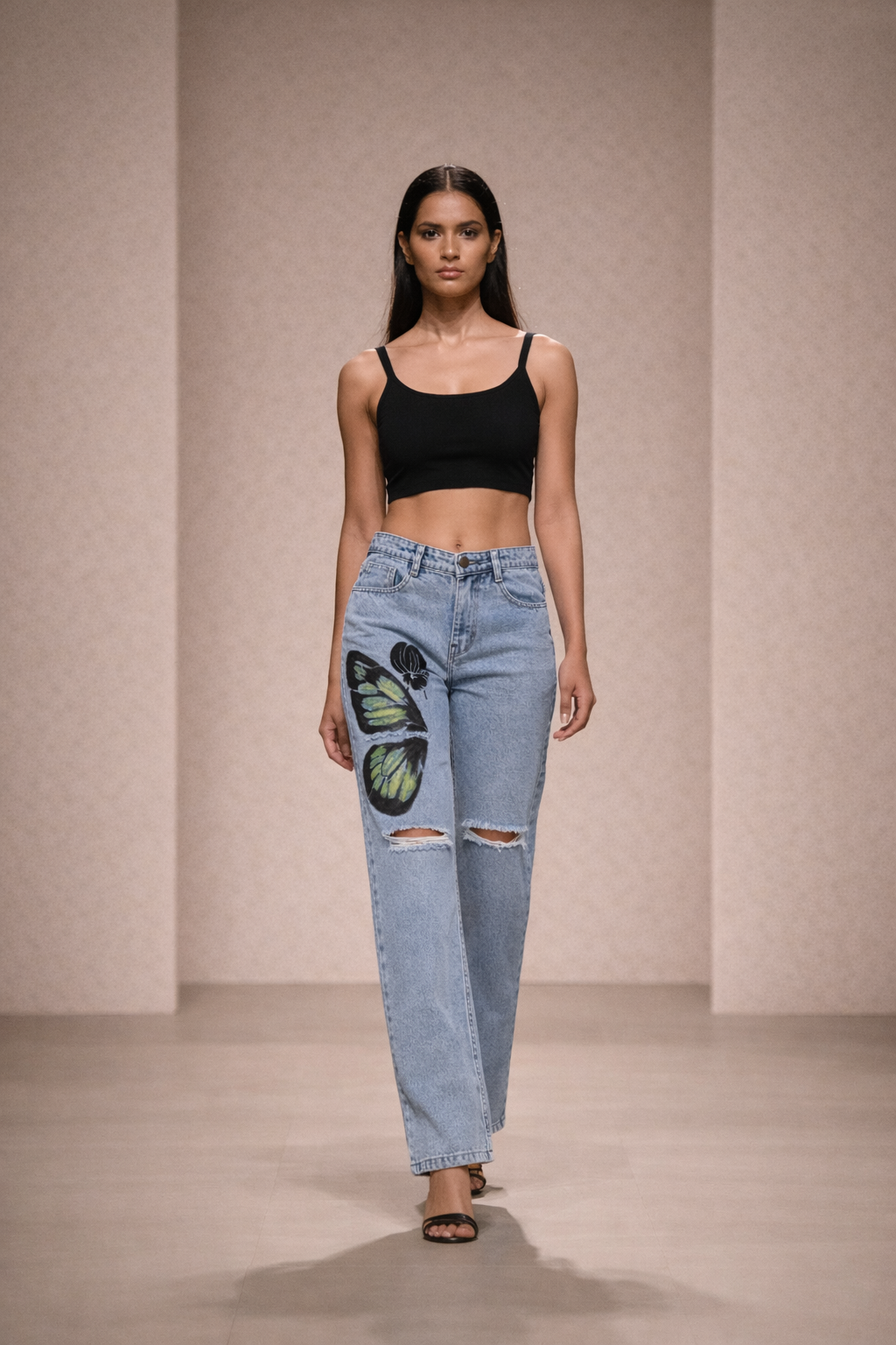 Monarch Butterfly-Non Stretch Hand Painted Jeans High-Rise Distressed