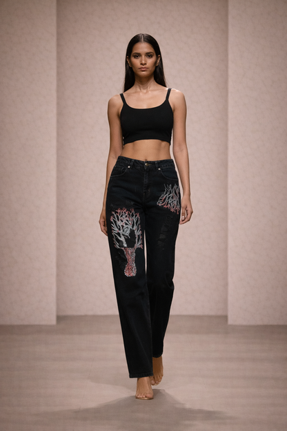 Cherry Blossom Hand Painted Denim Jeans