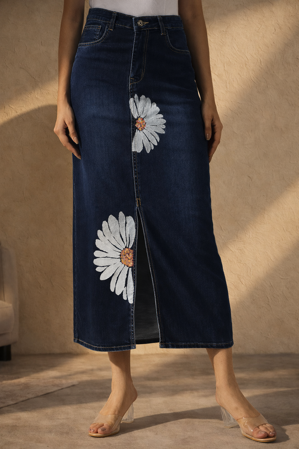 Daisy Dream Denim Front Cut Skirt Hand Painted
