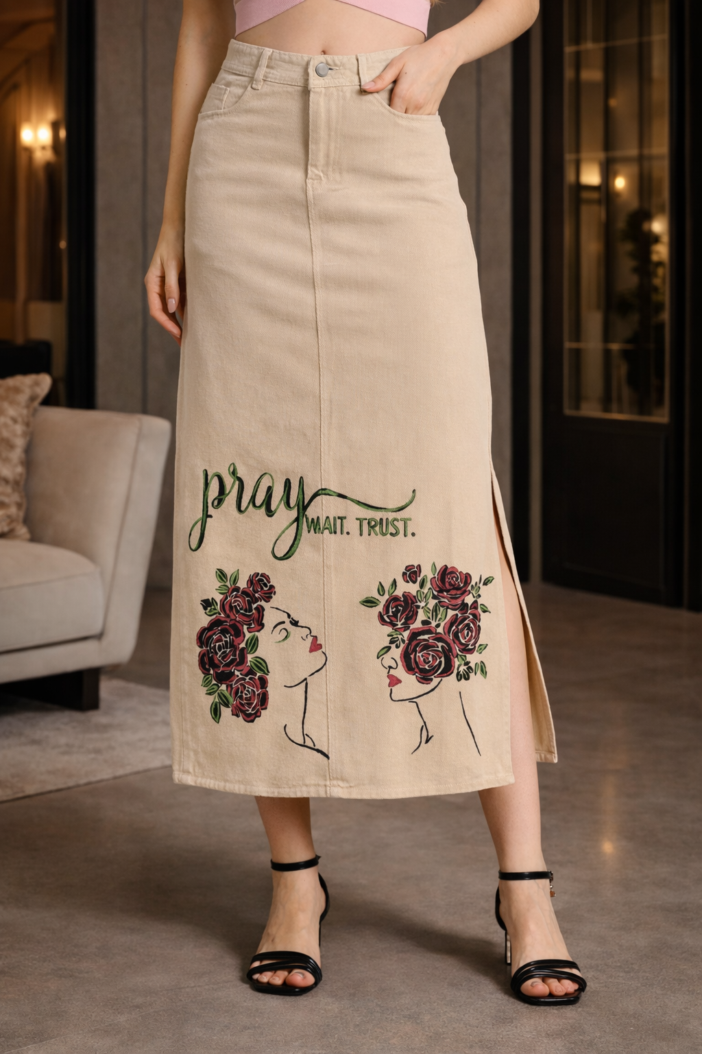 Pray Wait Trust Hand-Painted Denim Skirt | Christian Modest Fashion