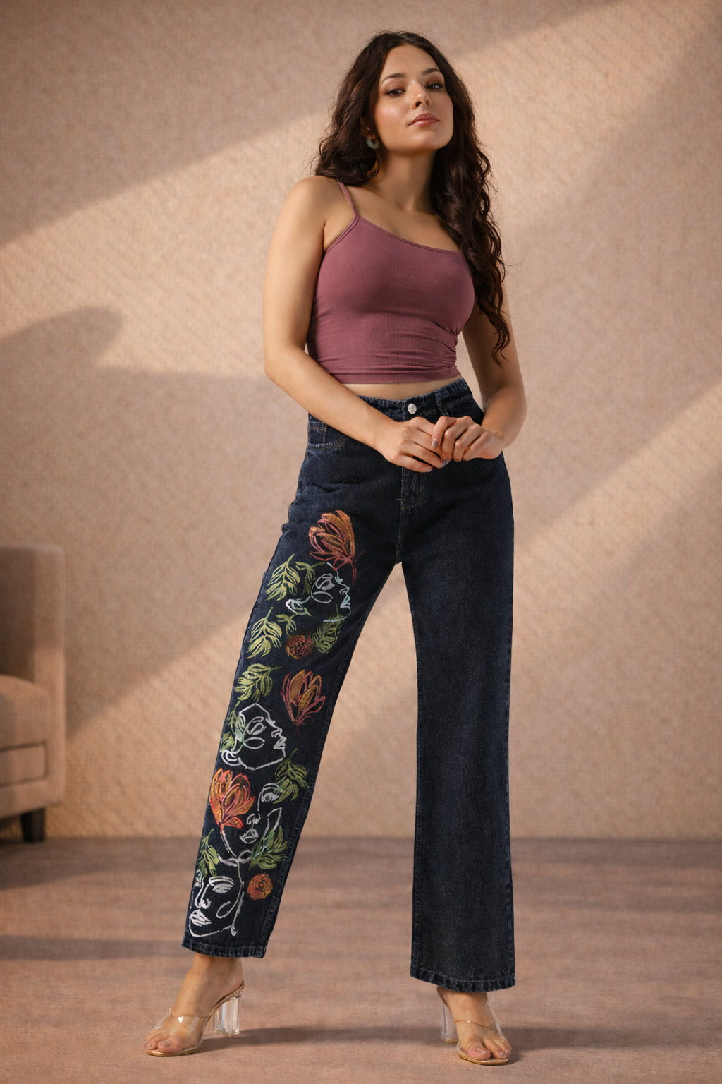 Floral Faces Art Hand Painted Jeans