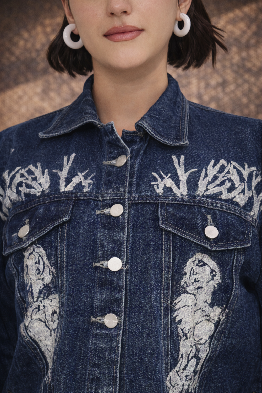 White Forest Hand-Painted Dark Denim Crop Jacket for Women – Premium Artistic Jacket