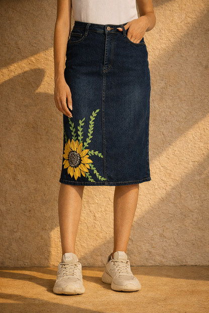 Sunflower Bloom Hand-Painted Denim Skirt