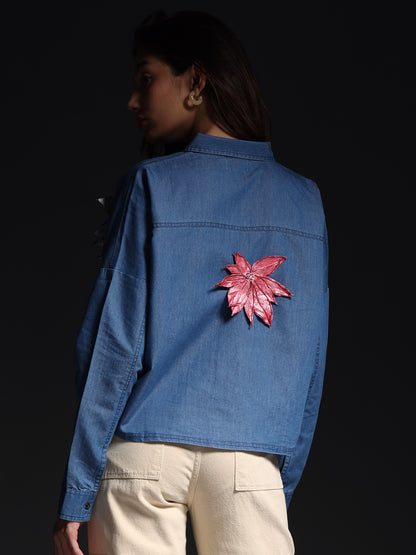Gotamoda autumn petals shirt blue denim jacket with pink leaf design on the back