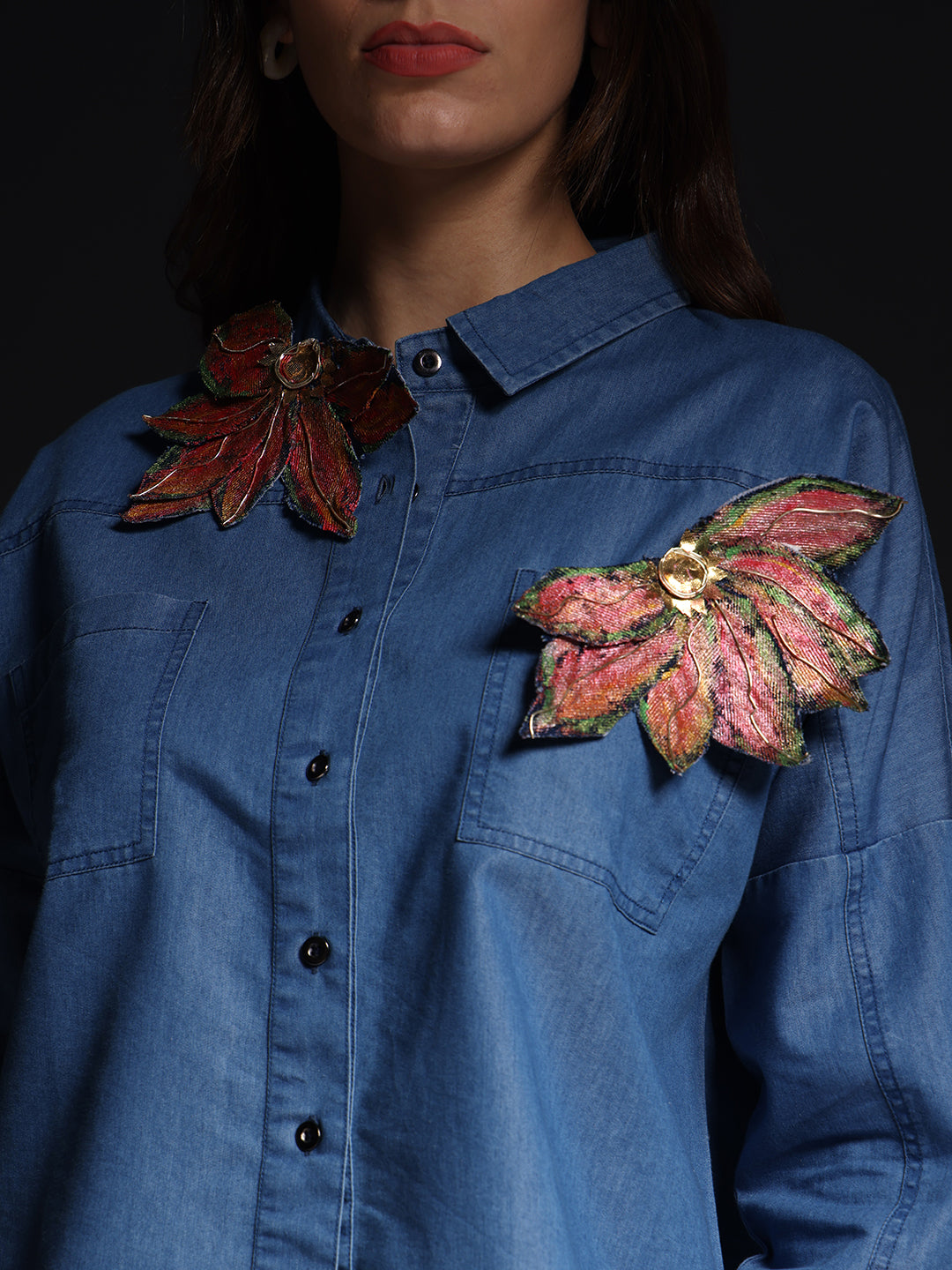 Gotamoda blue denim autumn petals shirt with detailed red and pink leaf embroidery on chest