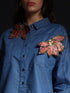 Gotamoda blue denim autumn petals shirt with detailed red and pink leaf embroidery on chest