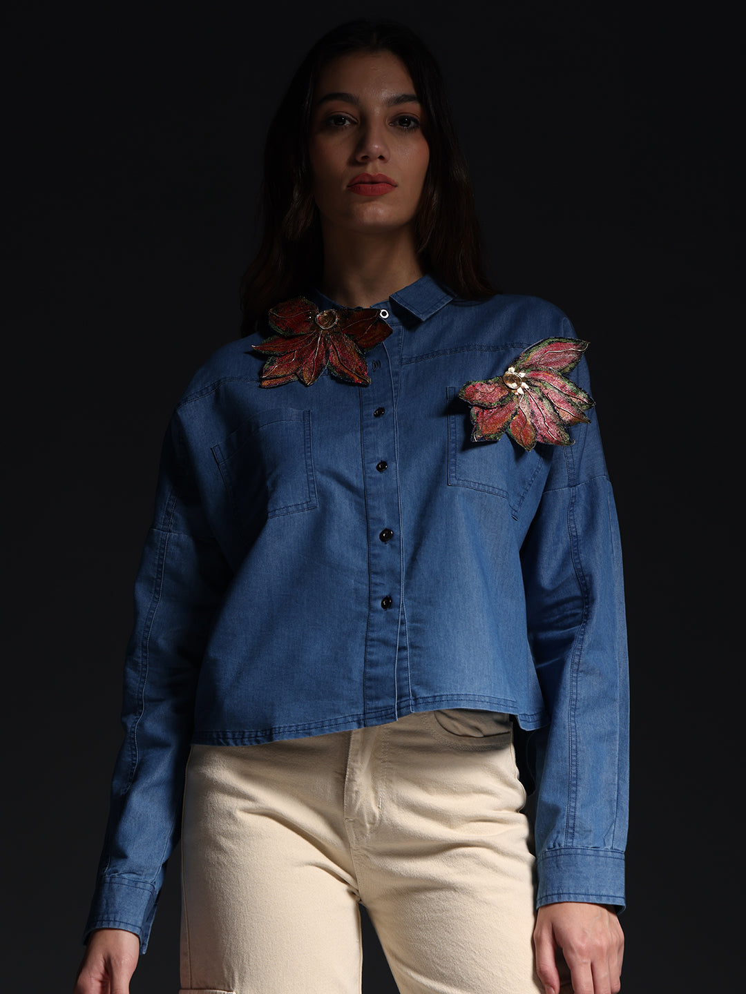 Gotamoda autumn petals shirt denim button-up with floral applique on shoulders