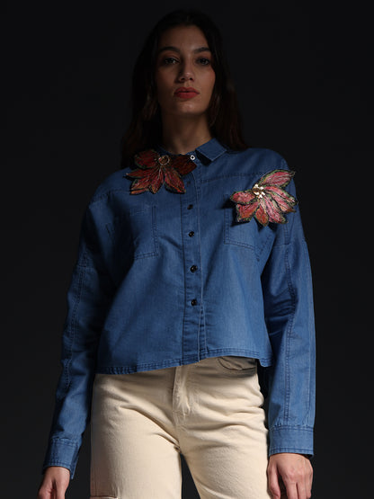 Gotamoda autumn petals shirt denim button-up with floral applique on shoulders