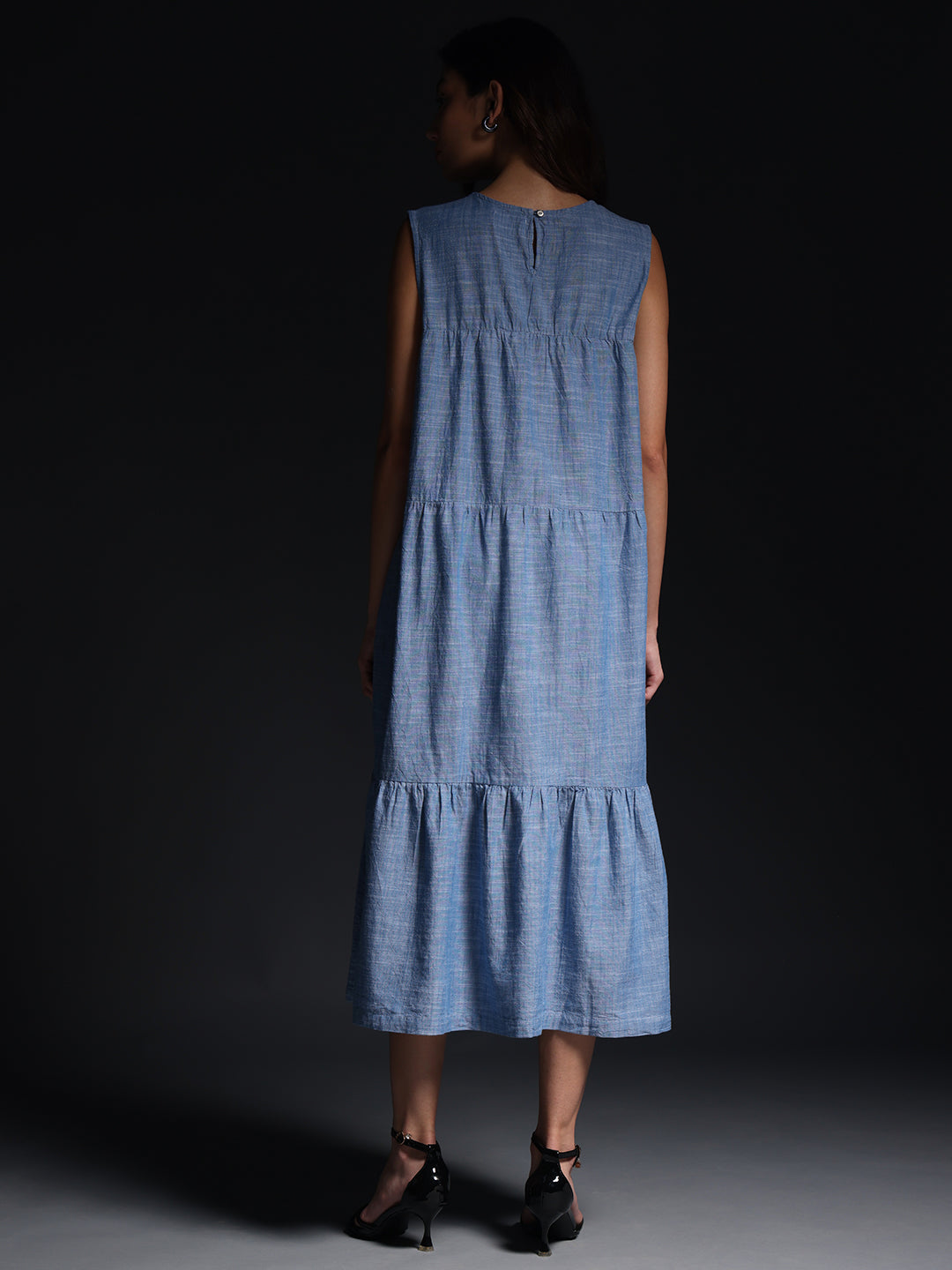 Gotamoda sleeveless maxi dress in blue with tiered design and back button closure