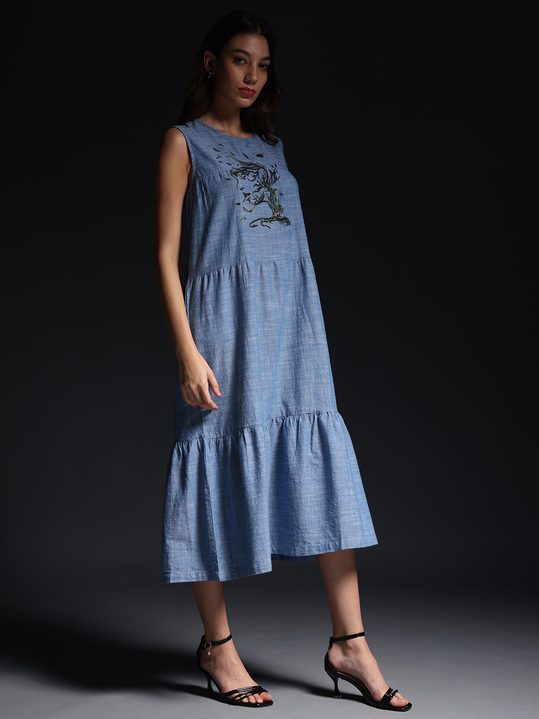 Gotamoda sleeveless maxi dress in blue with floral embroidery and tiered hem