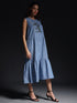 Gotamoda sleeveless maxi dress in blue with floral embroidery and tiered hem
