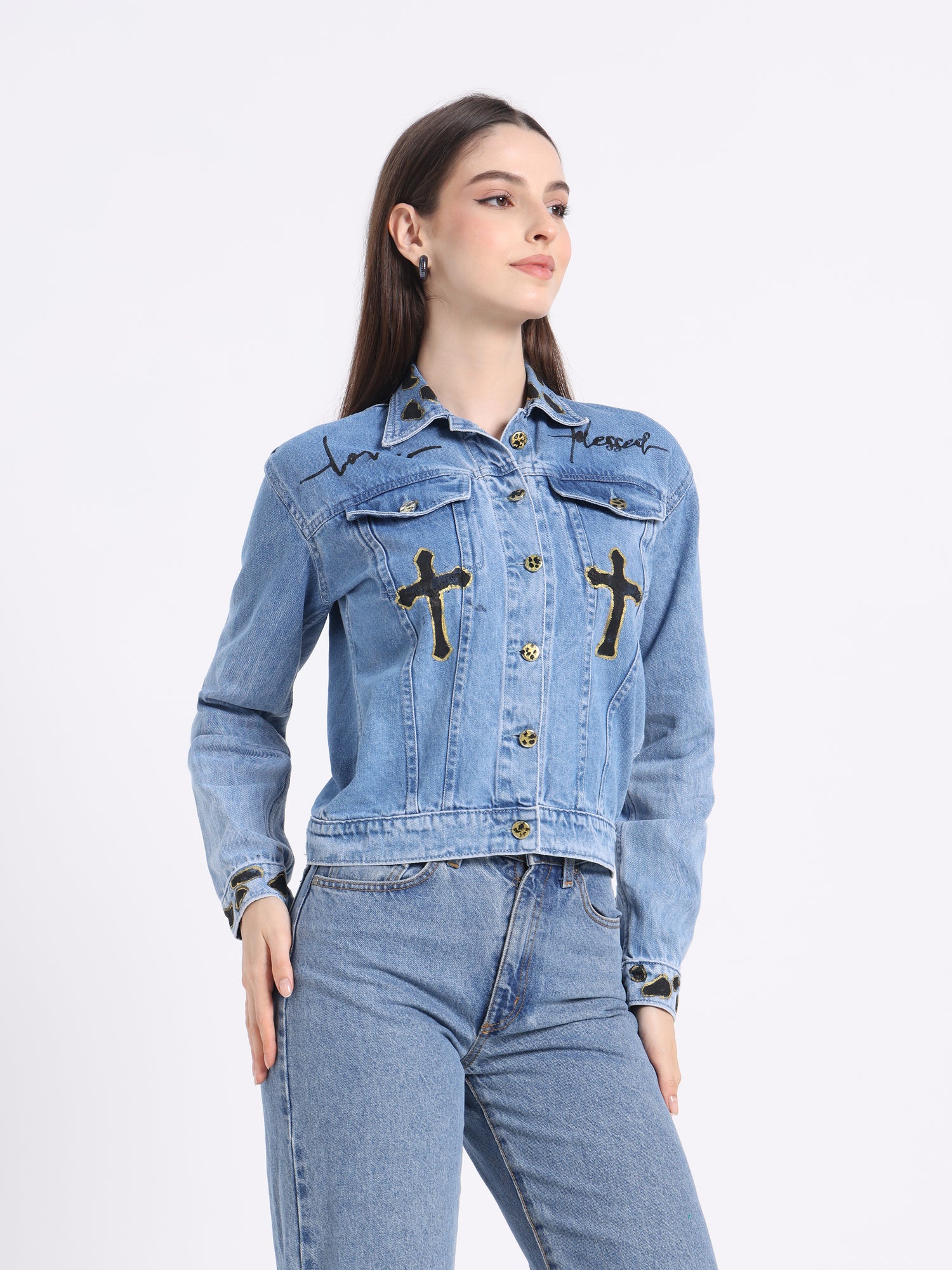 Gotamoda Christian artwear denim jacket with cross designs and detailed stitching on the front