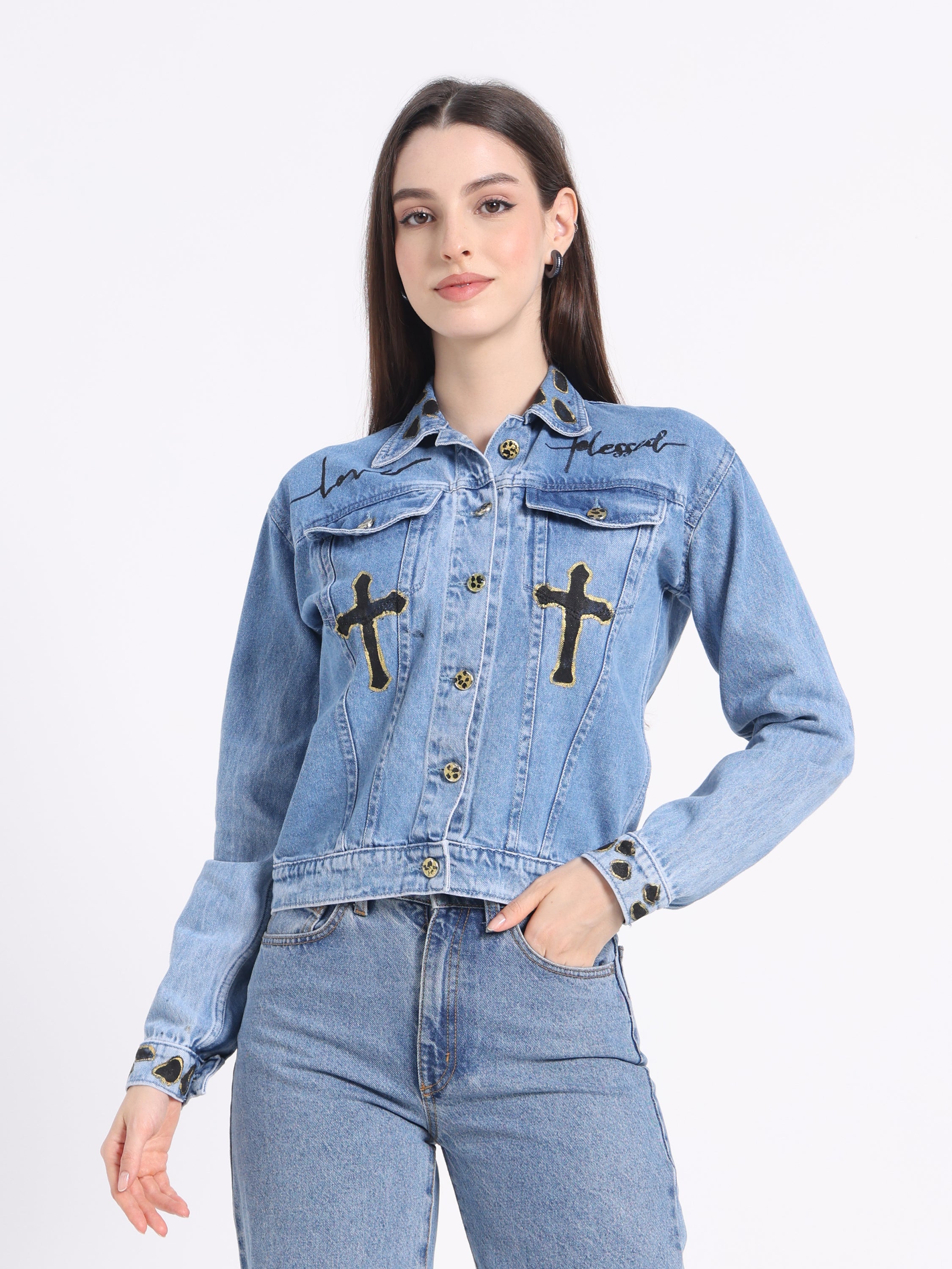 Gotamoda Christian artwear denim jacket with cross embroidery and button-up front