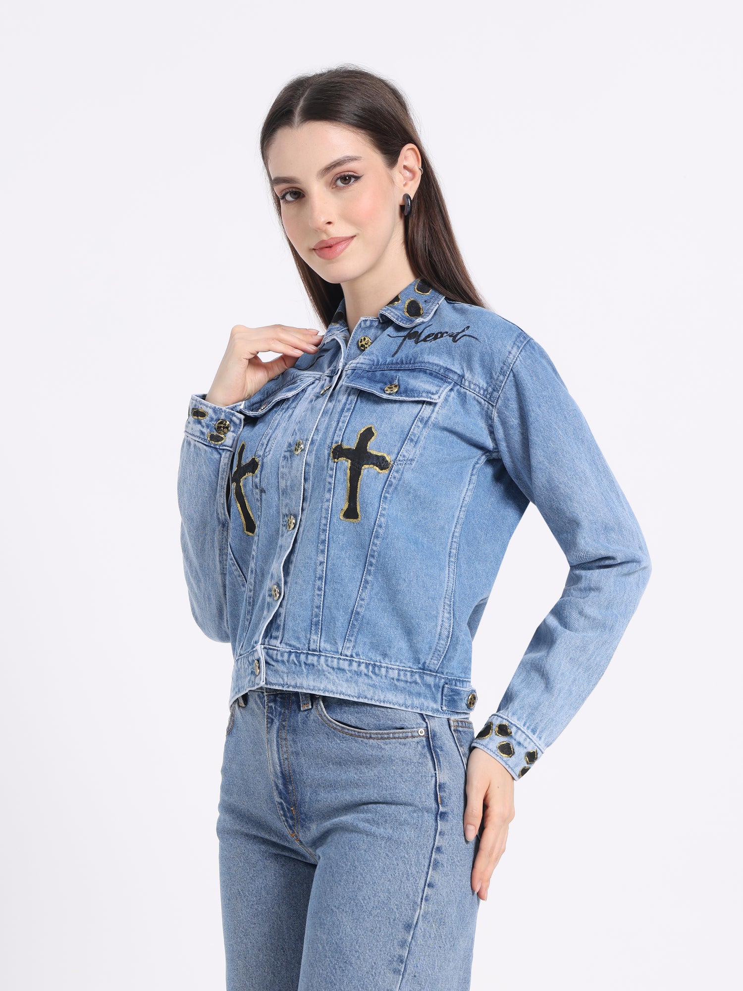 Gotamoda Denim Jacket with Cross Designs, a stylish choice for Christian artwear enthusiasts
