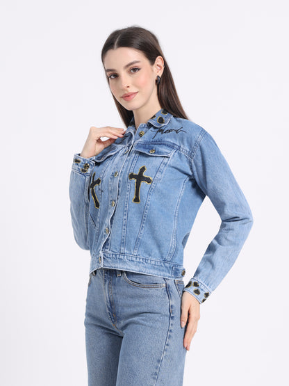 Gotamoda Denim Jacket with Cross Designs, a stylish choice for Christian artwear enthusiasts