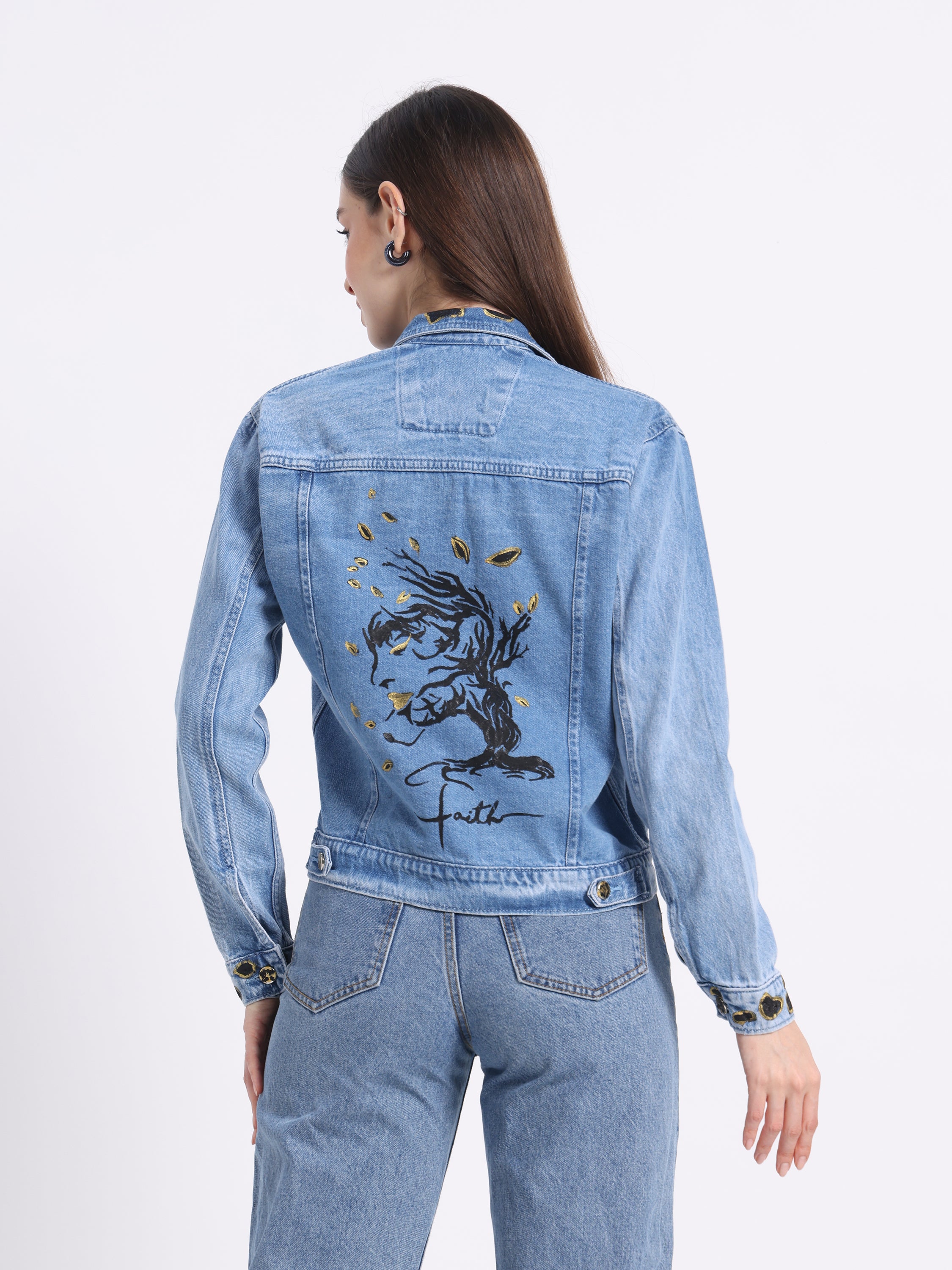 Gotamoda Christian artwear denim jacket with artistic design on the back and stylish fit