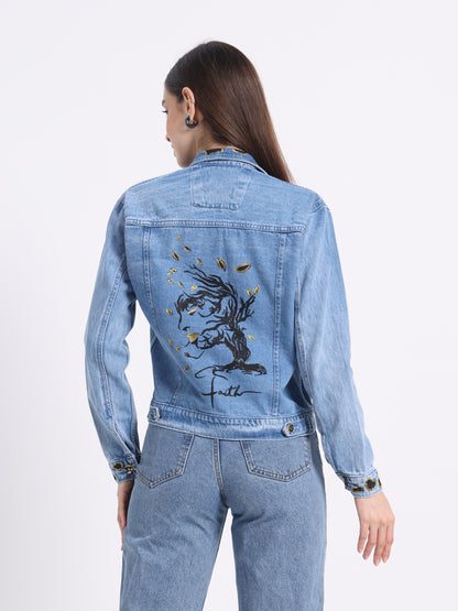 Gotamoda Christian artwear denim jacket with artistic design on the back and stylish fit
