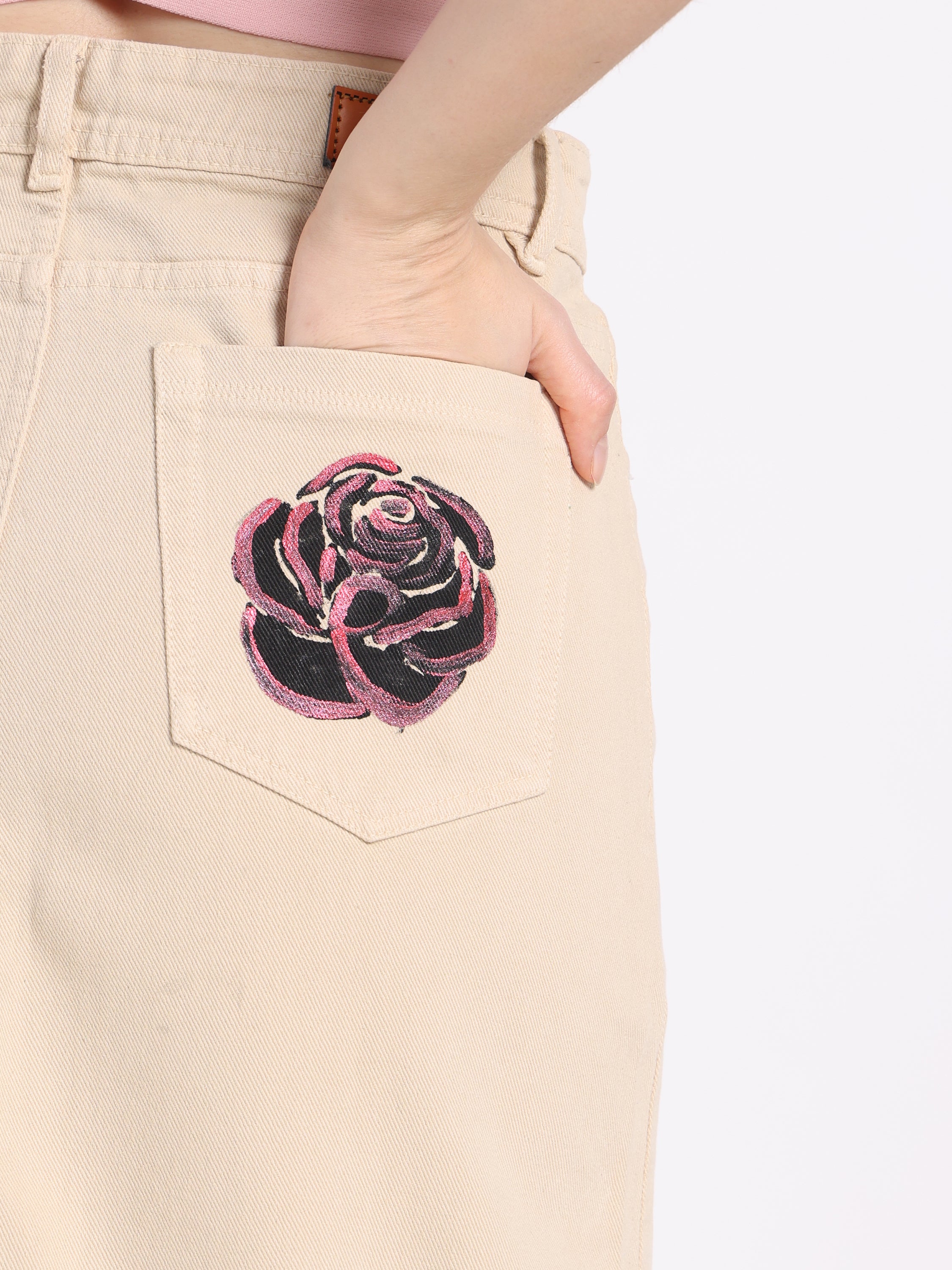 Beige Gotamoda Jeans featuring a Hand-Painted Rose Design, Ideal for Christian Modest Fashion