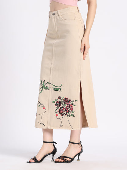 Beige Gotamoda Maxi Skirt with Floral Artwork, Perfect for Christian modest fashion