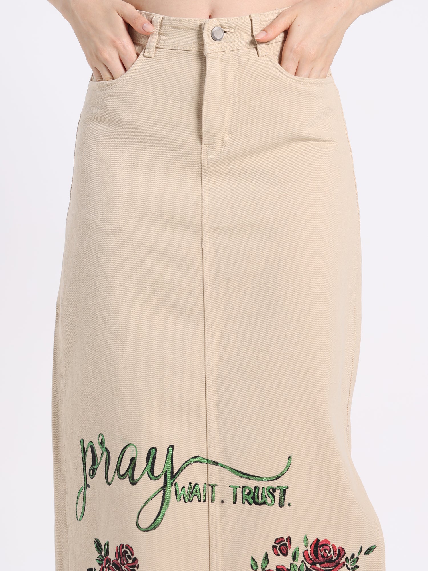 Beige skirt with floral embroidery and inspirational text, perfect for Christian modest fashion enthusiasts