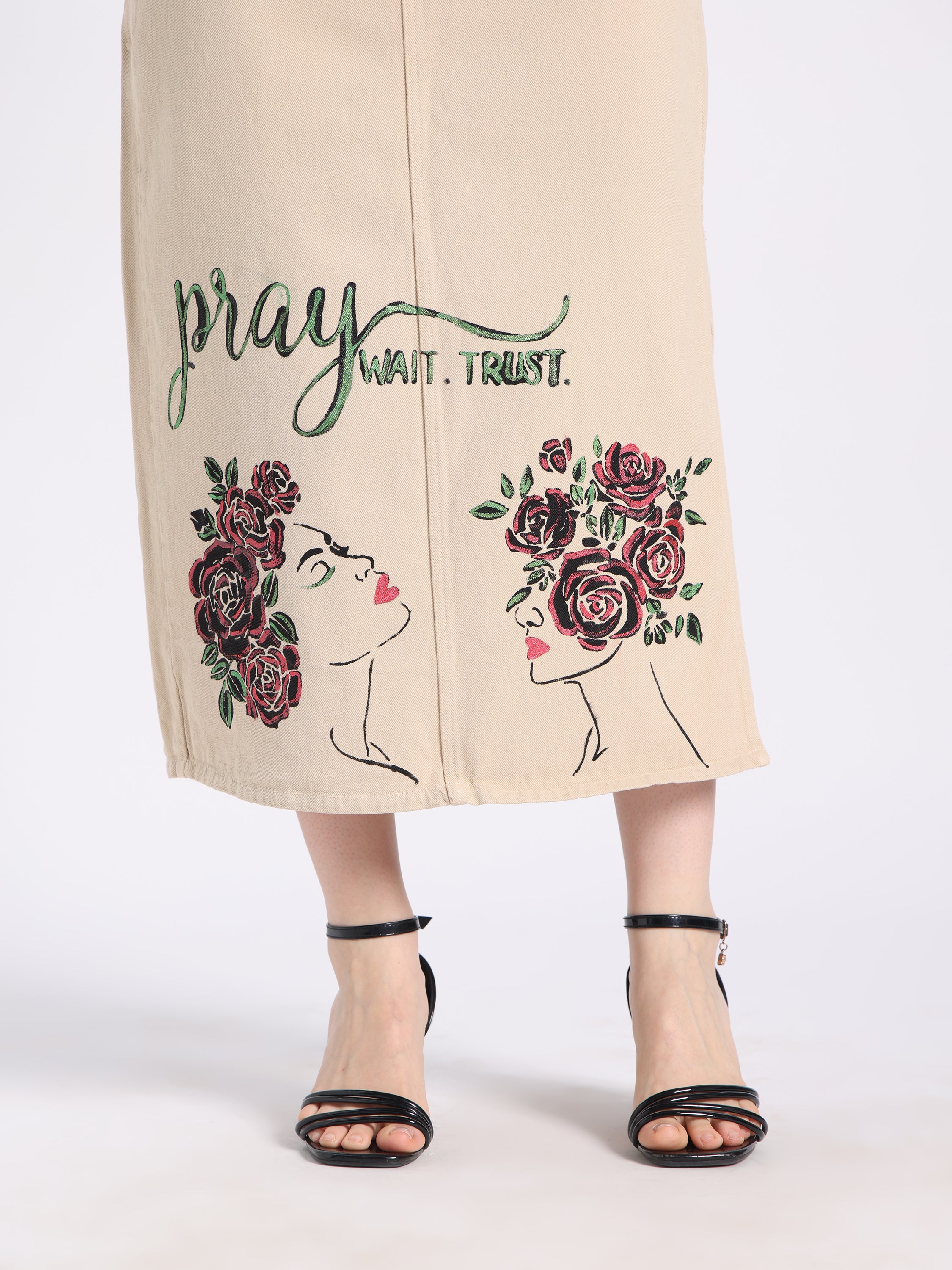 Gotamoda Christian modest fashion skirt with floral designs and inspirational text for stylish modest wear