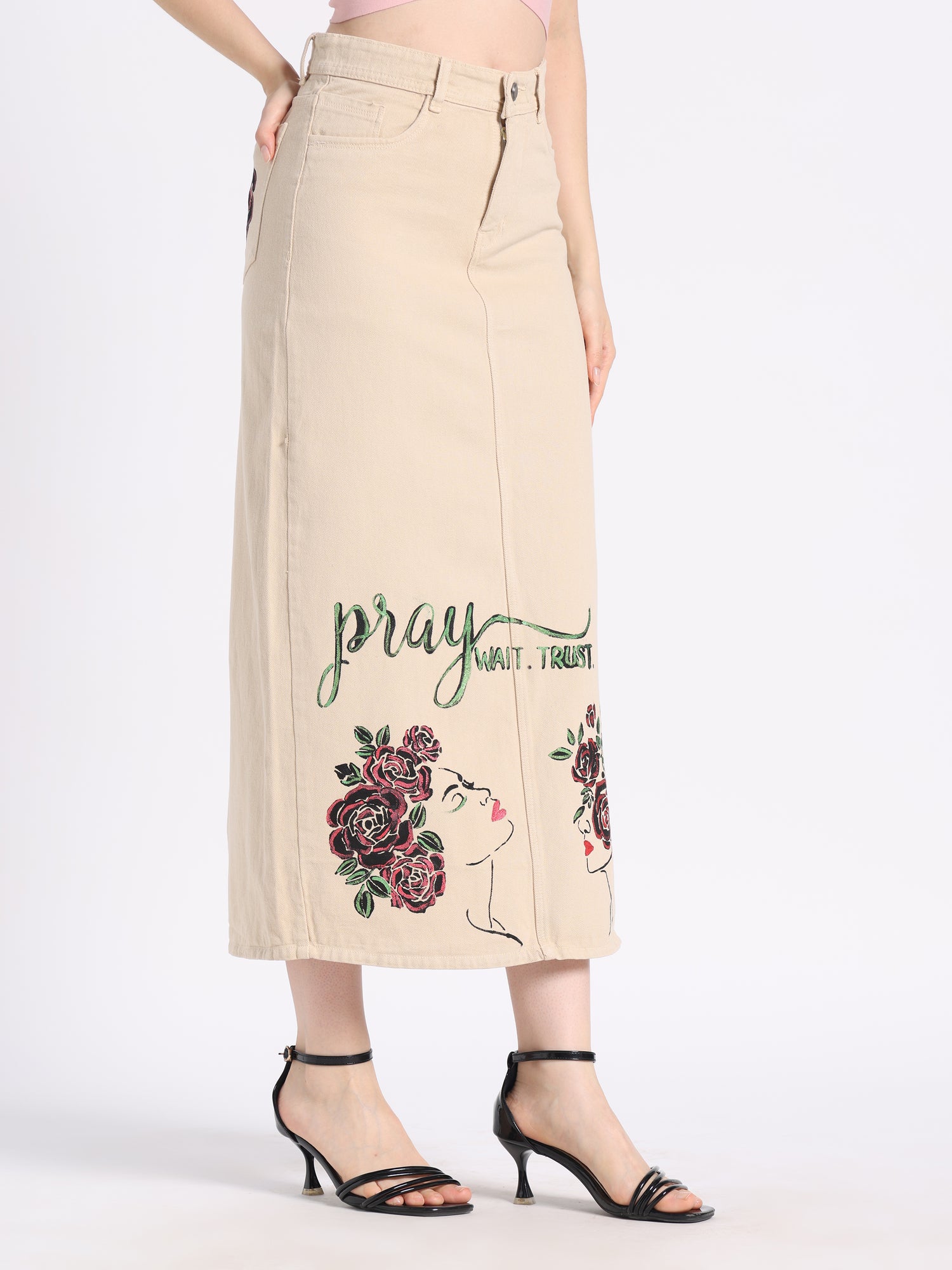 Gotamoda Long Beige Skirt with Floral Design and &