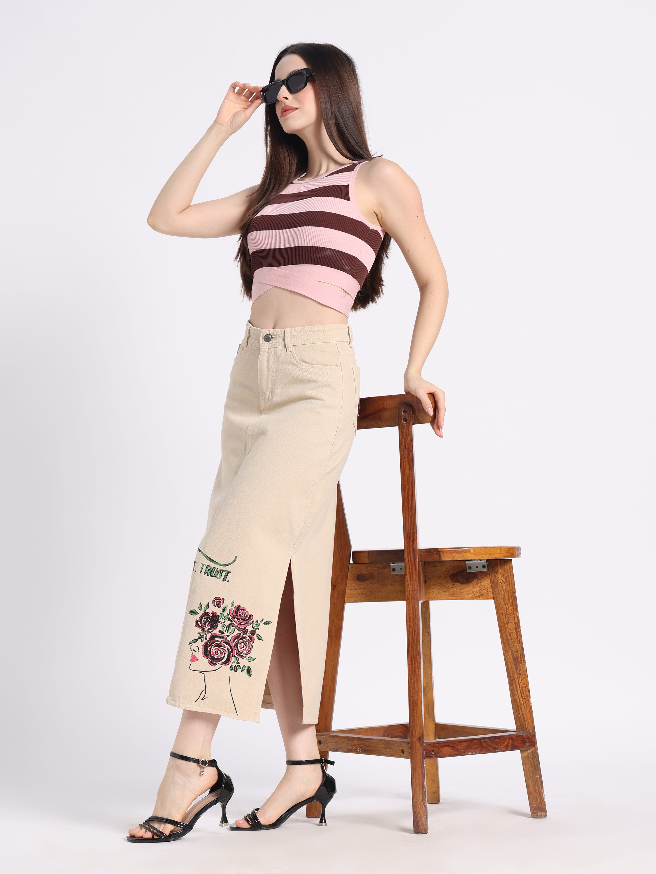 Modest beige skirt with floral embroidery, perfect for Christian modest fashion enthusiasts