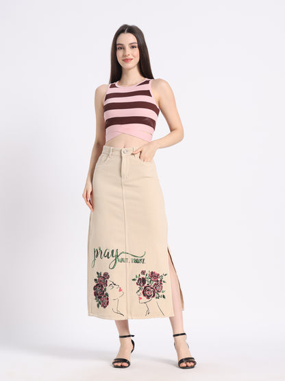 Beige modest skirt by gotamoda with floral designs and &