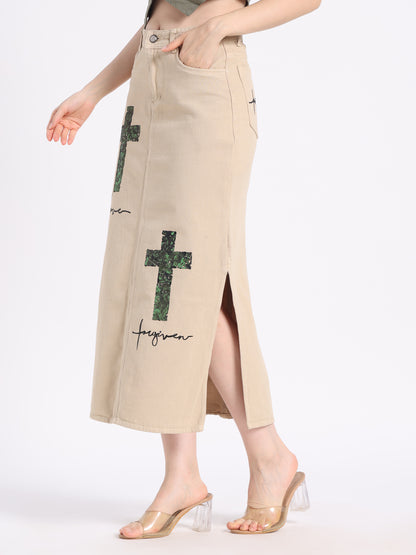 Gotamoda Christian modest skirt in beige featuring green cross designs and a side slit for stylish comfort