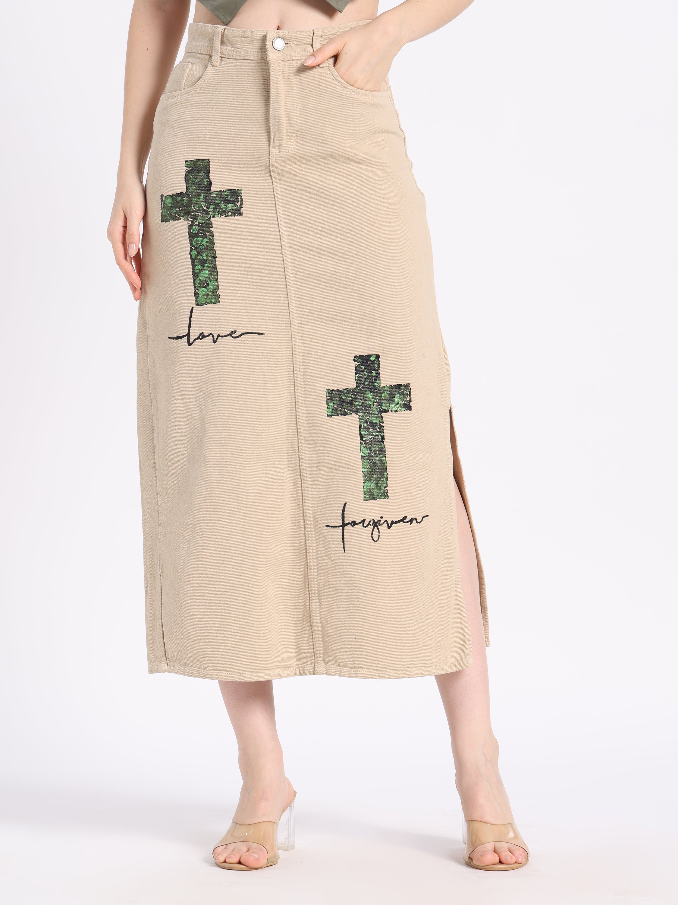 Christian modest skirt in beige with love and forgive cross designs for stylish modest fashion