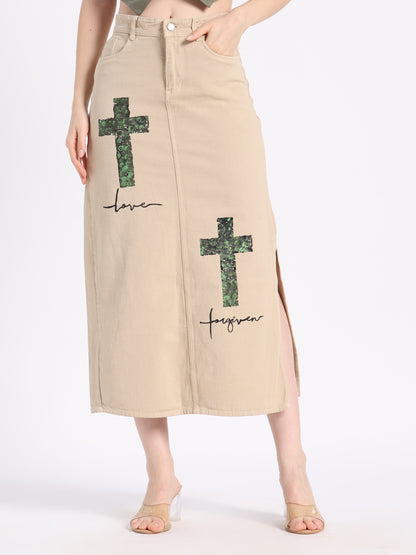Christian modest skirt in beige with love and forgive cross designs for stylish modest fashion