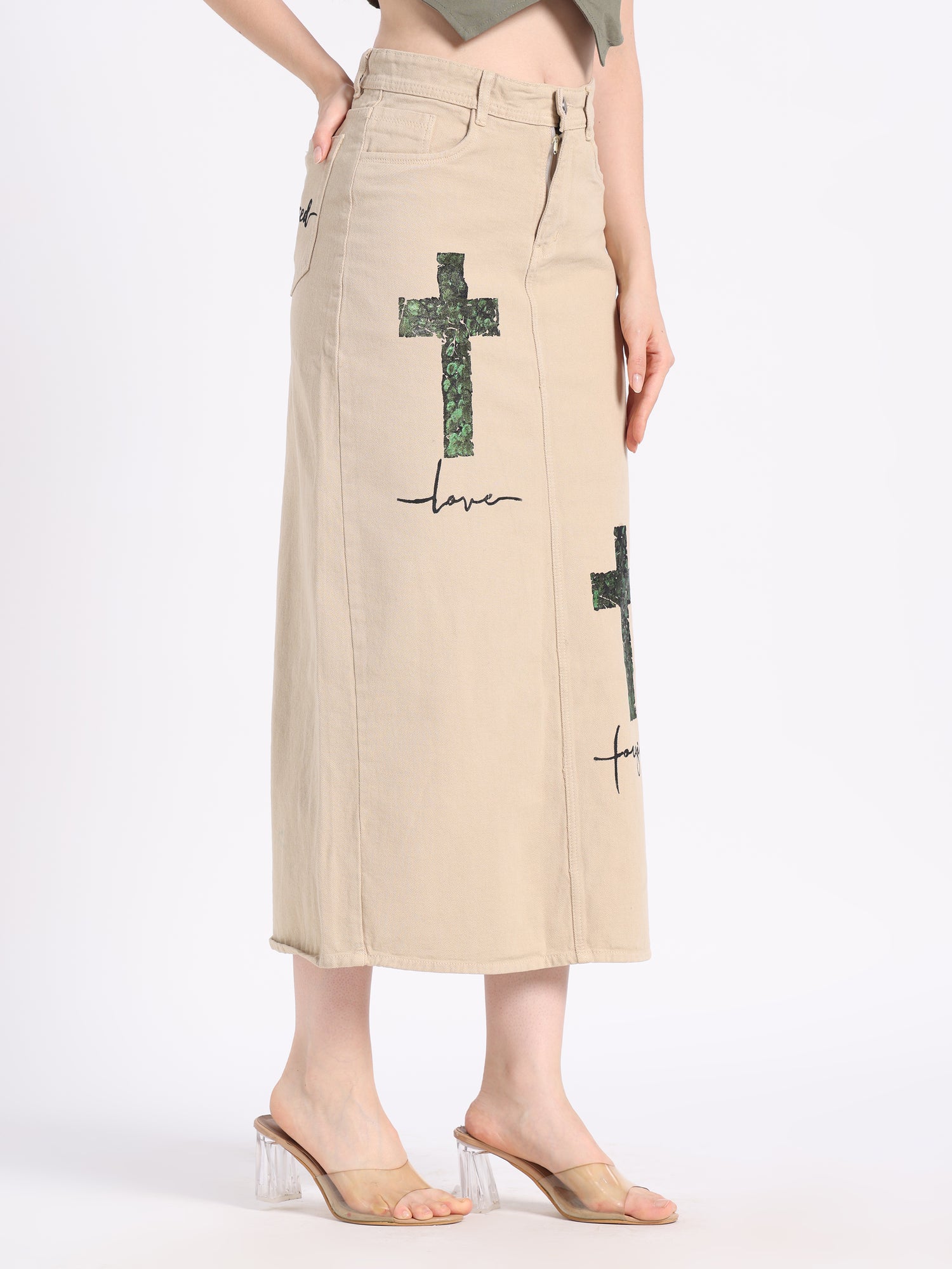 Gotamoda Christian modest skirt in beige with cross designs and embroidered love text