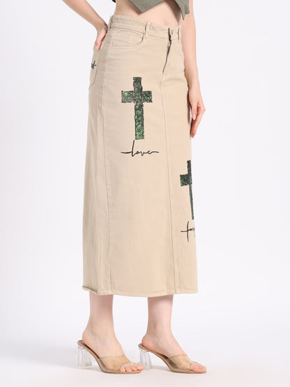 Gotamoda Christian modest skirt in beige with cross designs and embroidered love text