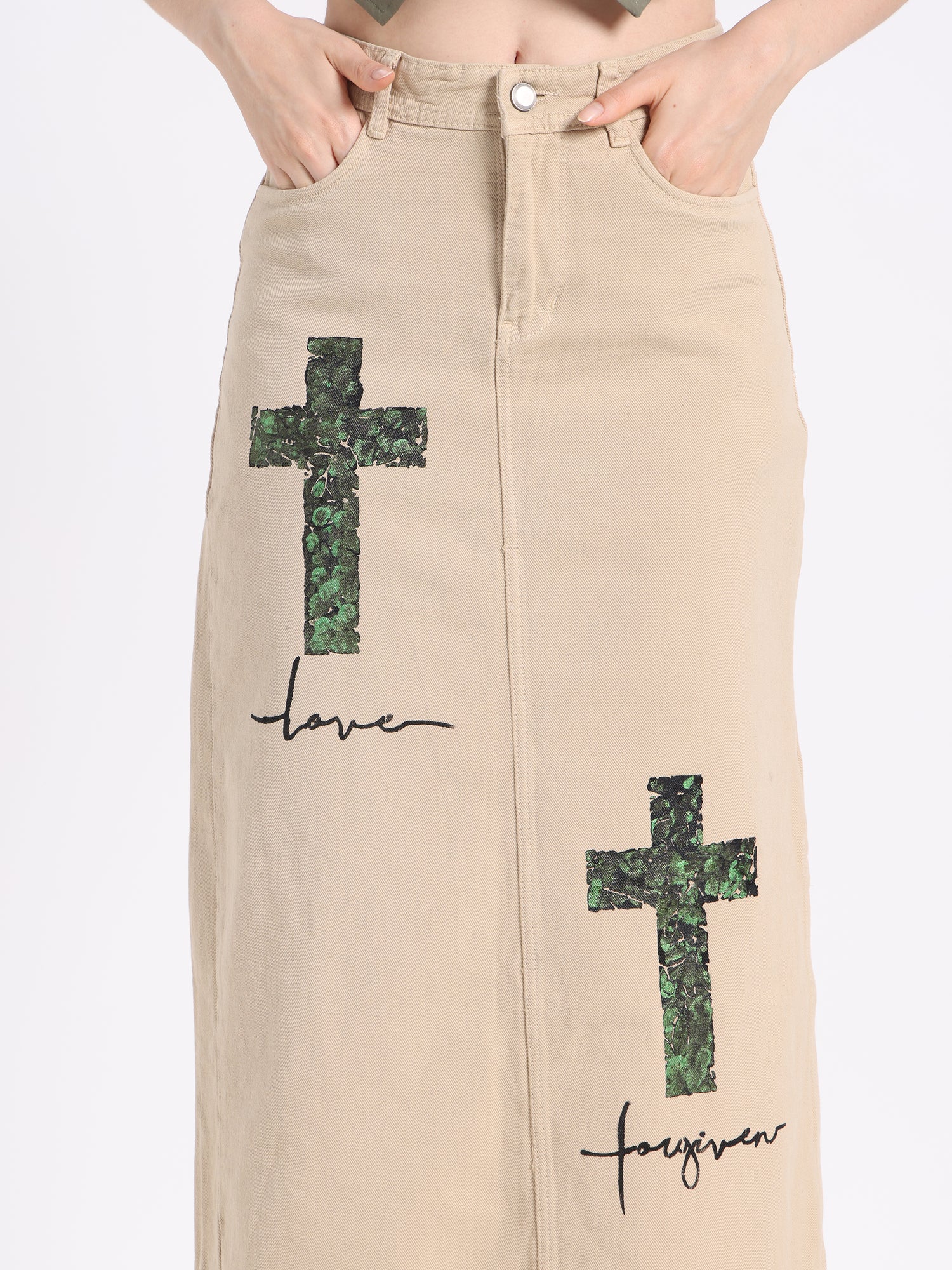 Christian modest skirt in beige with green floral cross designs and inspiring text for stylish modest wear