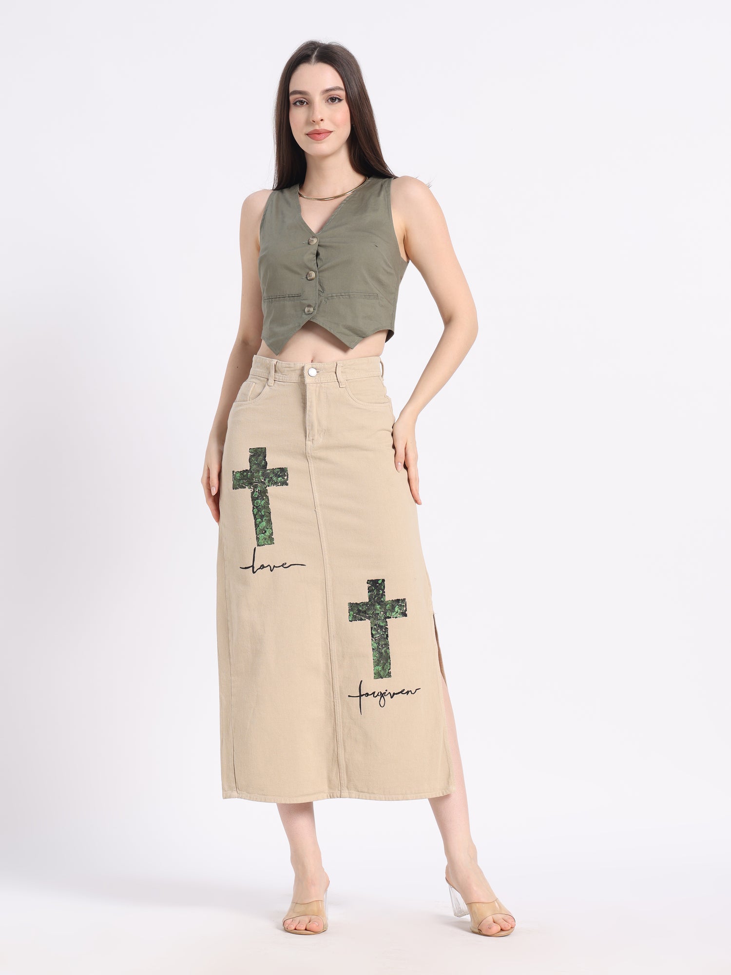 Gotamoda Christian modest skirt with green cross designs and side slits for stylish modest wear
