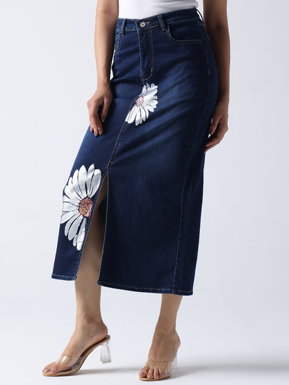 Gotamoda Daisy Dream Denim front cut Skirt with white daisy prints and front slit design