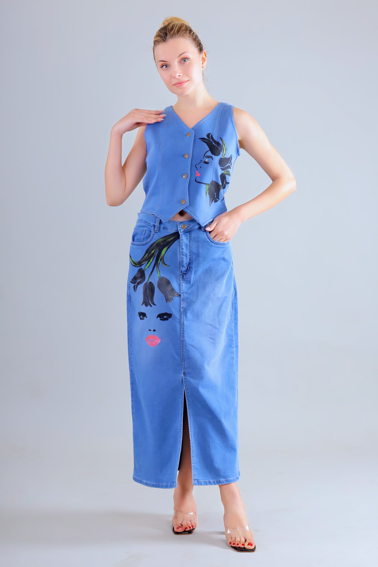 Gotamoda blue denim co ord set women with sleeveless button vest and high-waist long skirt with artistic floral face print