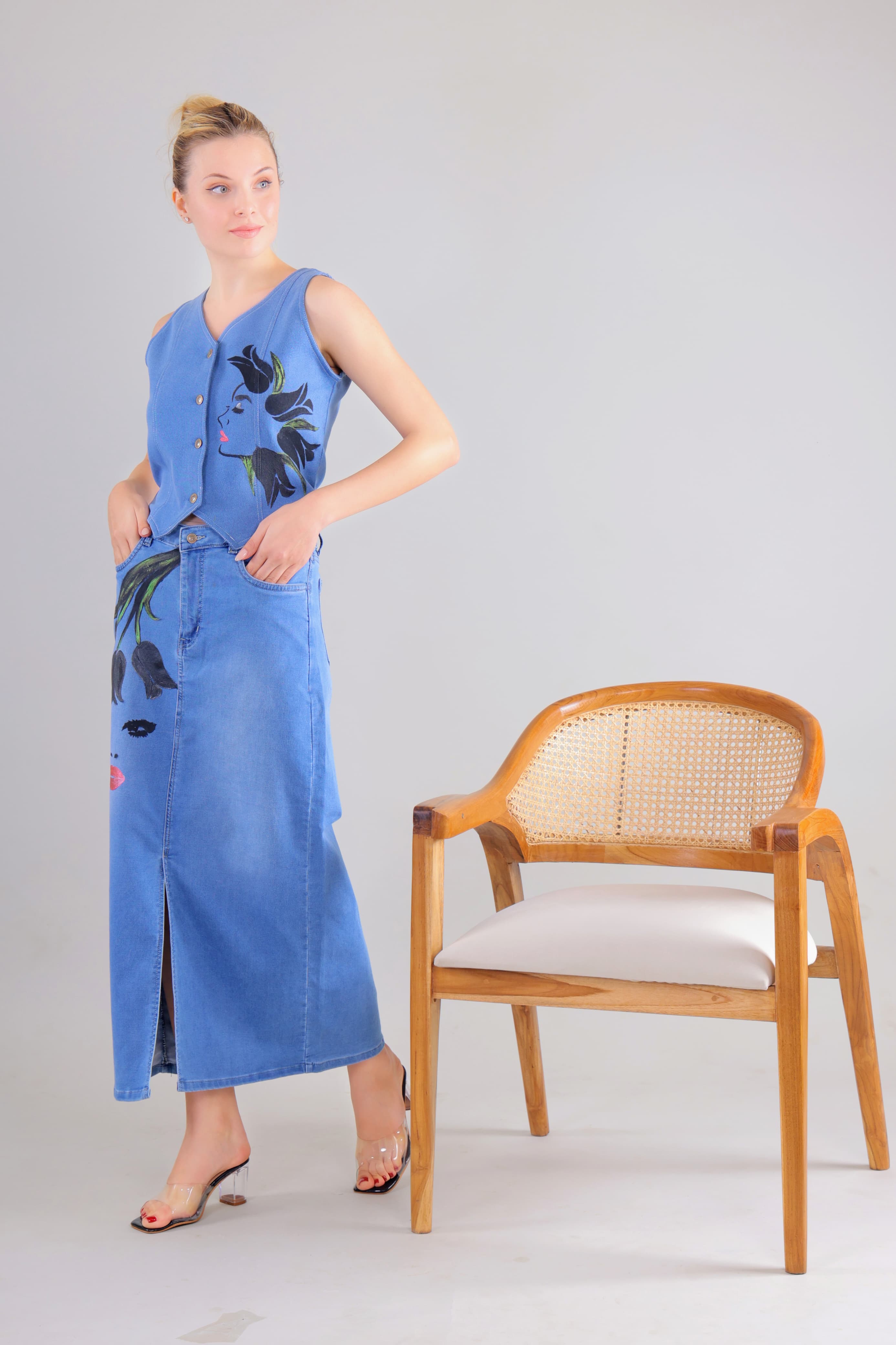 Gotamoda denim co ord set women featuring sleeveless vest and long denim skirt with floral print