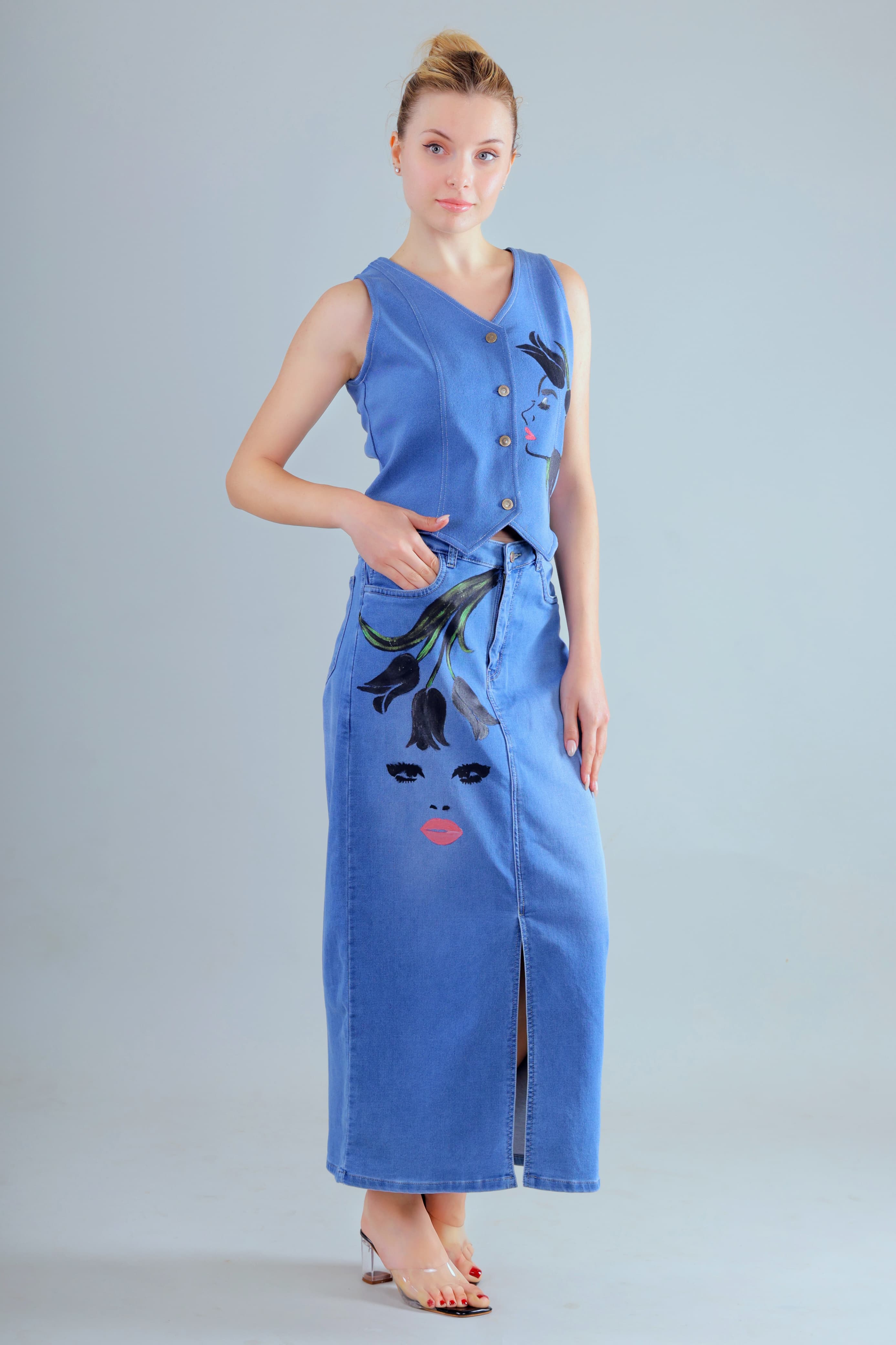 Gotamoda denim co ord set women featuring a blue sleeveless buttoned top and long skirt with floral face print