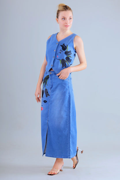 Gotamoda denim co ord set women with sleeveless button-up top and long skirt featuring artistic face design