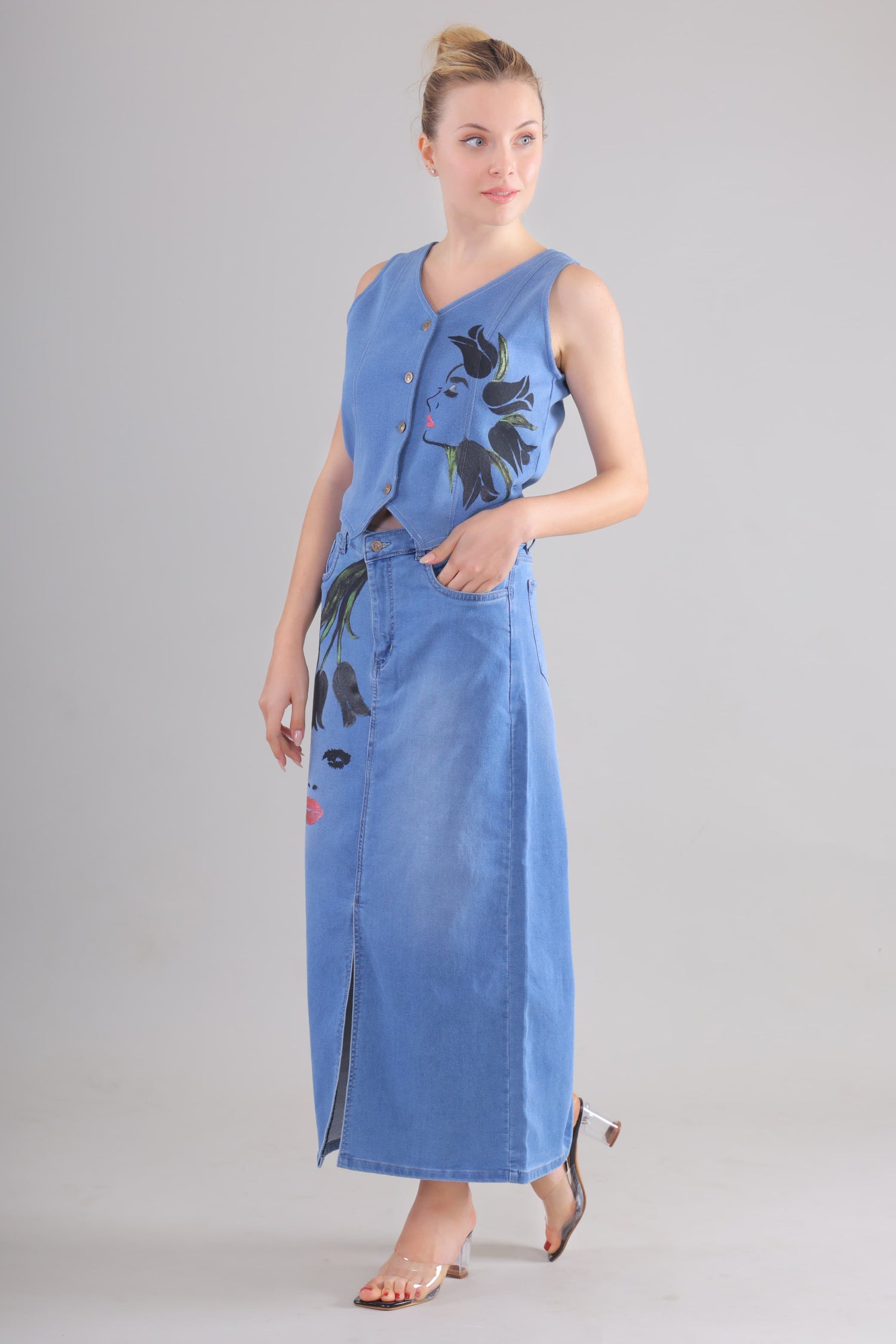 Gotamoda denim co ord set women featuring sleeveless button-up top and long skirt with artistic floral prints